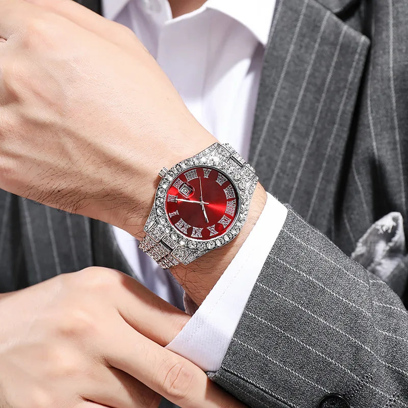 Men's Classic Golden Roman Rhinestone Quartz Watch | Steel Strap Calendar Fashion Wristwatch
