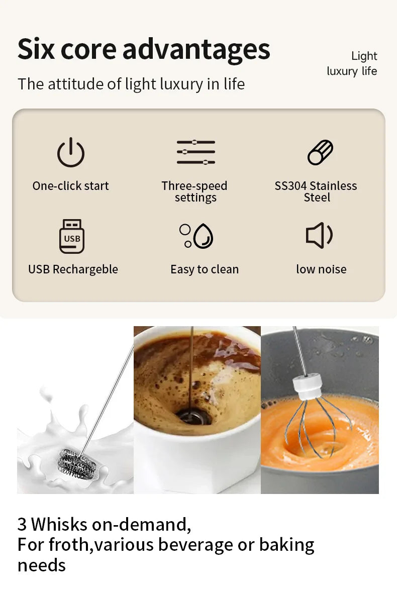 Wireless USB Rechargeable Milk Frother – 3-Speed Handheld Foam Maker & Coffee Whisk