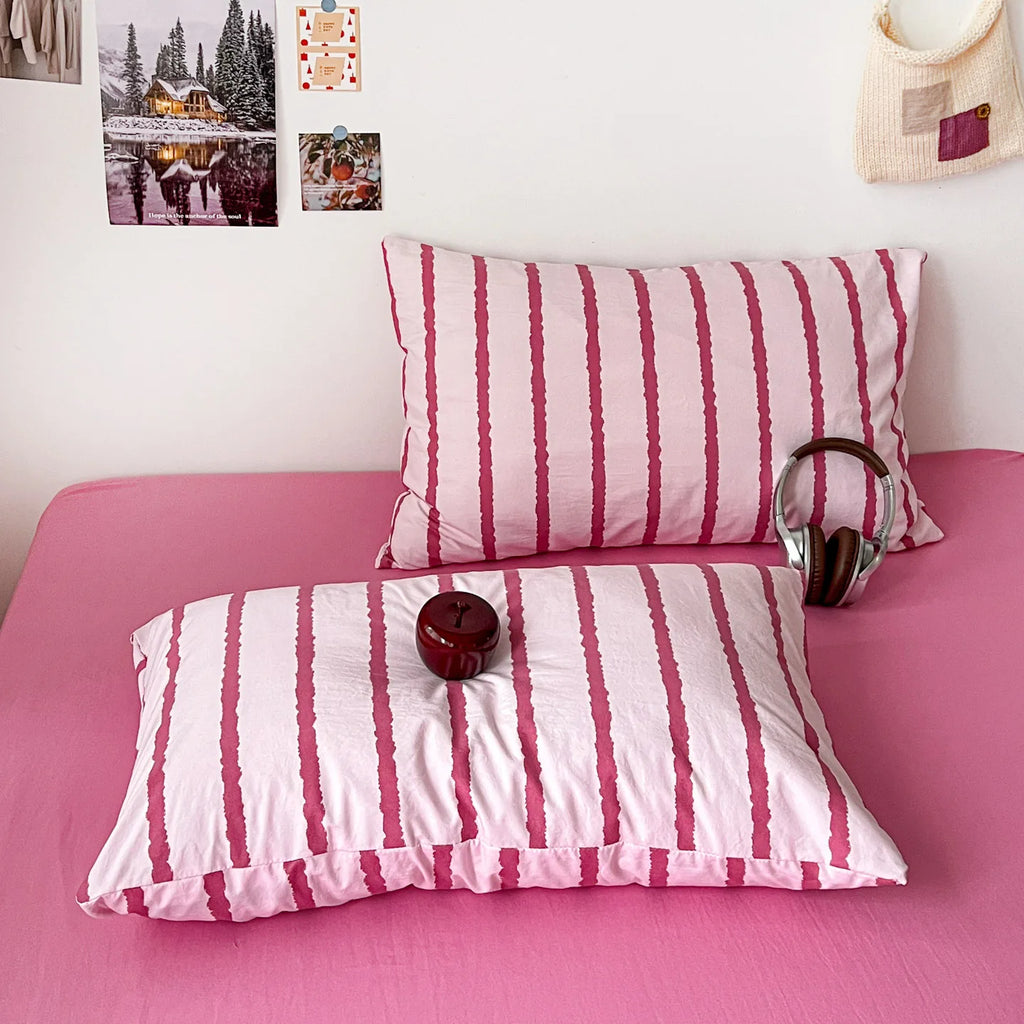 Pink Striped Duvet Cover Set – 3-Piece Soft Washed Cotton Bedding for Girls, 150x200cm