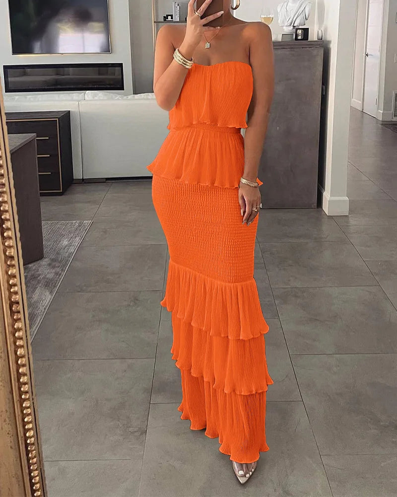 Bandeau Shirred Ruffle Layered Maxi Dress — Slim Fit Sleeveless Elegant Long Dress