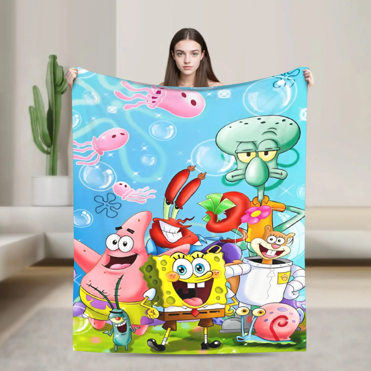 SpongeBob Flannel Throw Blanket – Soft Breathable Character Blanket for Bed, Lounge & Summer