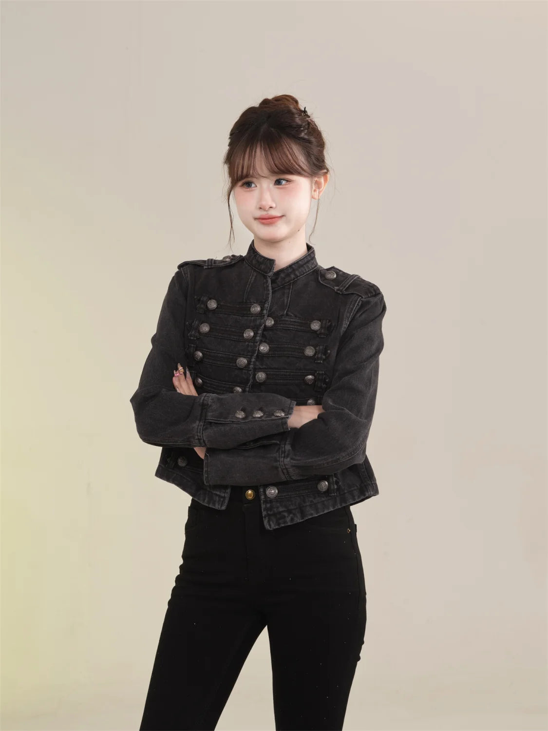 Women's Retro Button Slim Stand Collar Denim Jacket – Short Jean Coat in Black
