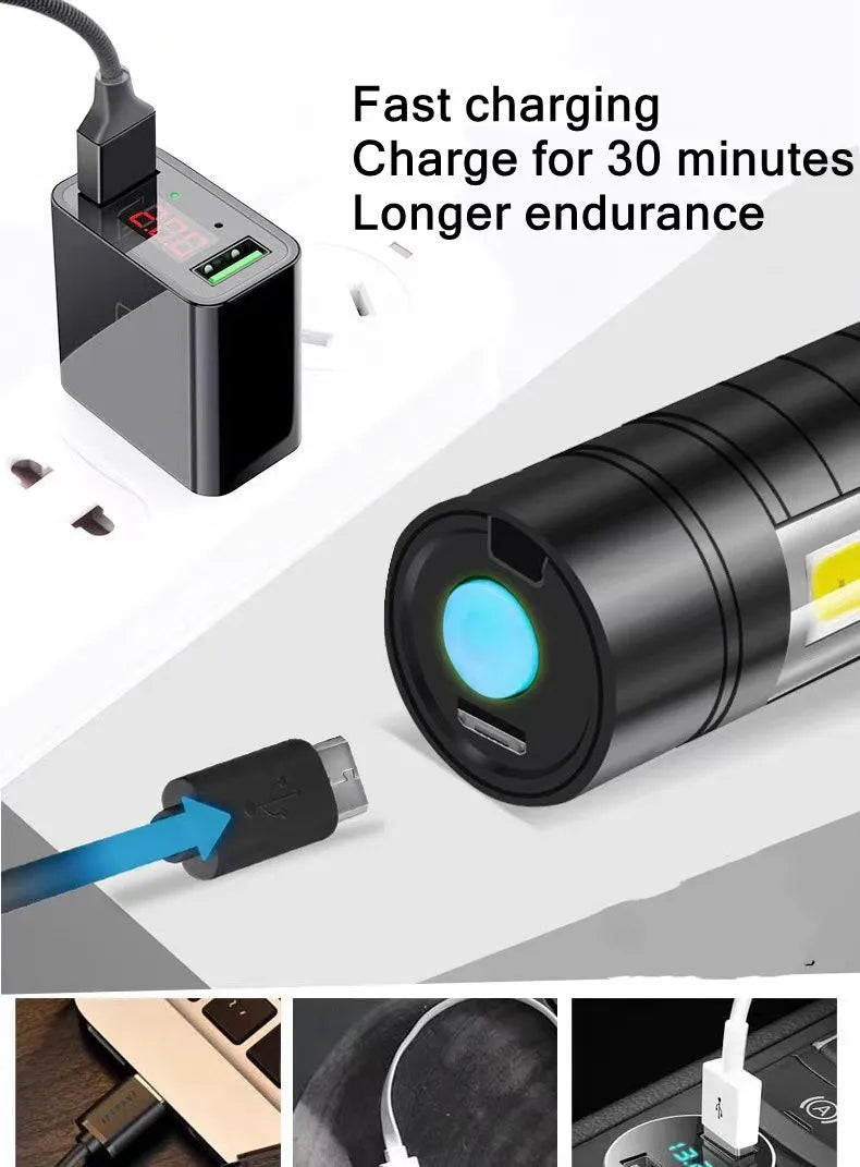 PwwQmm Mini XPE+COB Flashlight – 500 Lumen, Zoomable, 3-Mode, USB Rechargeable, Waterproof Camping Light