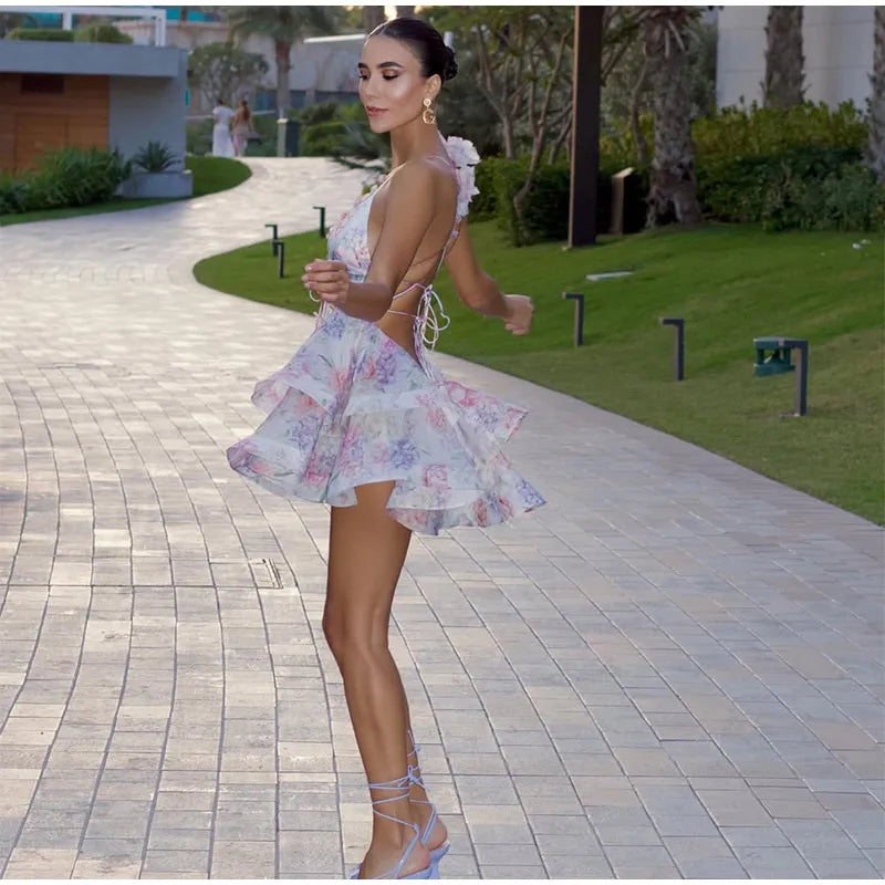 Tie-Dye 3D Flower Mini Dress — Deep V-Neck Flare Sleeve Holiday Dress