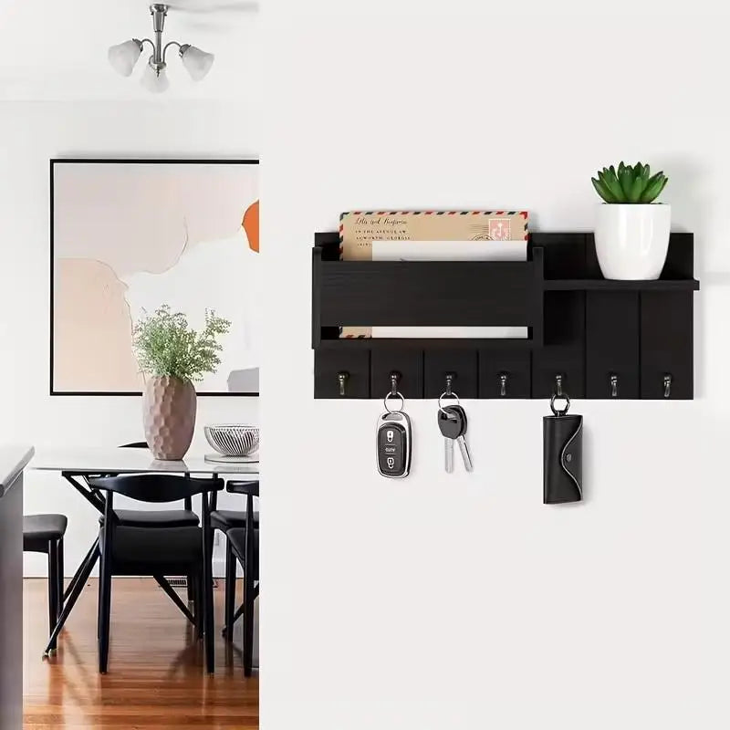 Wall-Mounted Wood Storage Rack with 7 Hooks — Mail, Keys, Glasses & Entryway Organizer