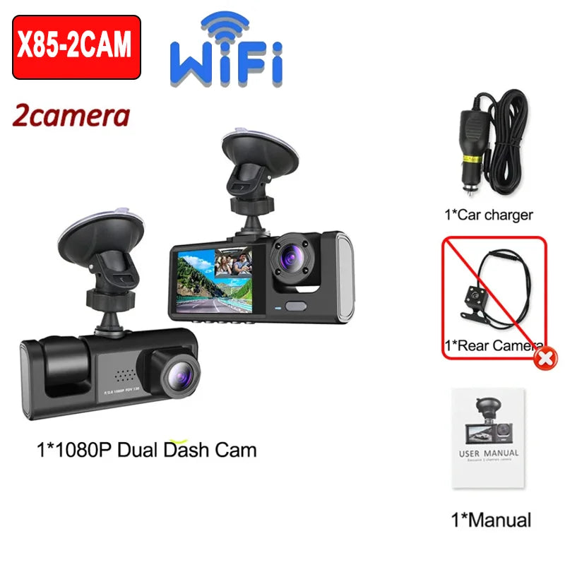 1080P 2/3-Lens WiFi Dash Cam – Front, Rear & Interior, Night Vision, G-Sensor, Loop Recording