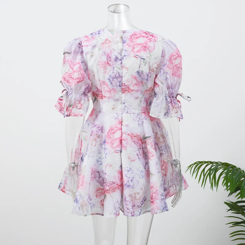 Tie-Dye 3D Flower Mini Dress — Deep V-Neck Flare Sleeve Holiday Dress