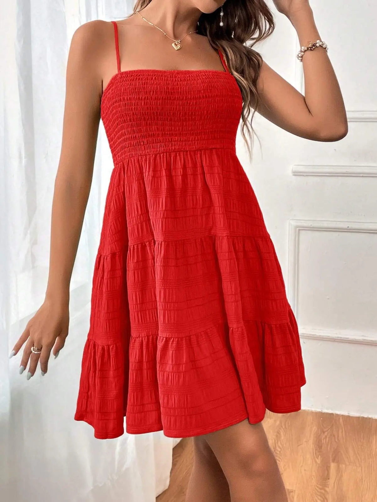 Women's Smocked Bustier Ruffled Tiered Swing Mini Dress – Spaghetti Strap Beach Vacation Dress