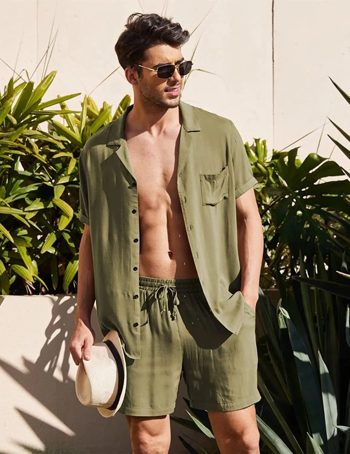 Men's Cotton Linen Short Sleeve Shirt & Shorts Set – Breathable Casual Beach Pajama 2-Piece
