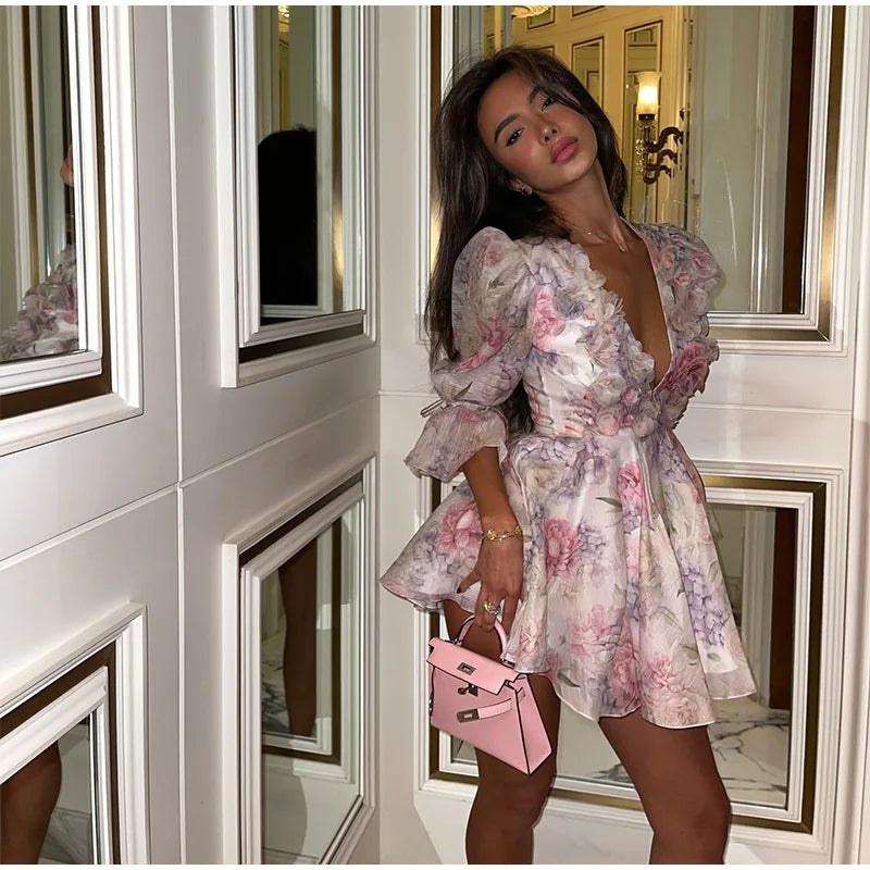 Tie-Dye 3D Flower Mini Dress — Deep V-Neck Flare Sleeve Holiday Dress