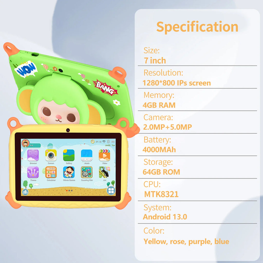 BDF 7" Kids Tablet – 4GB RAM, 64GB, Android 13, 5G Wi-Fi, 1280x800 IPS