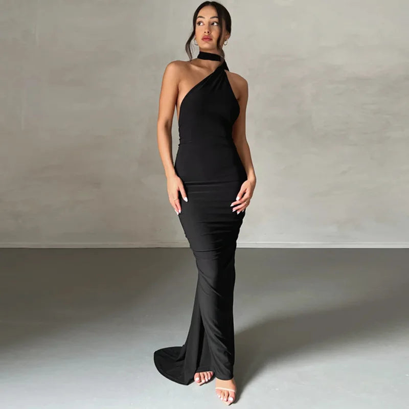 Backless Ruched Slim Bodycon Maxi Dress — Elegant Formal Wedding Guest Evening Dress
