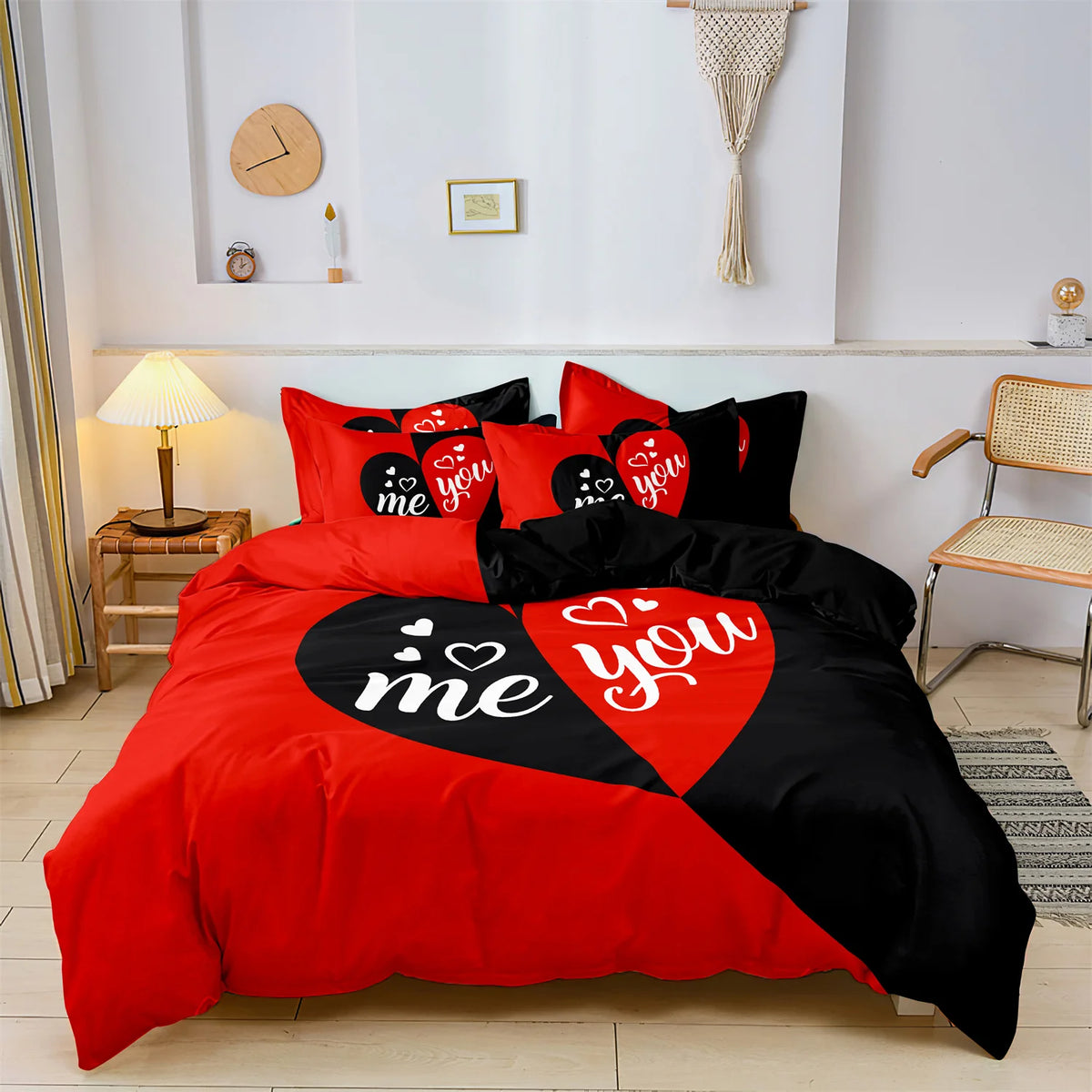 Dark Red & Black Letter Print Bedding Set – 3-Piece Duvet Cover, Queen & King
