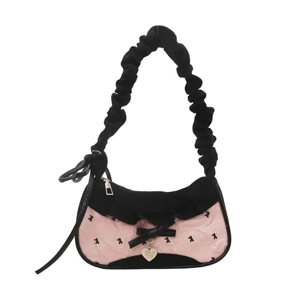 Fashion Grid Lace Ribbon Shoulder Bag – Stretchable Underarm Bag for Daily Commuting & School