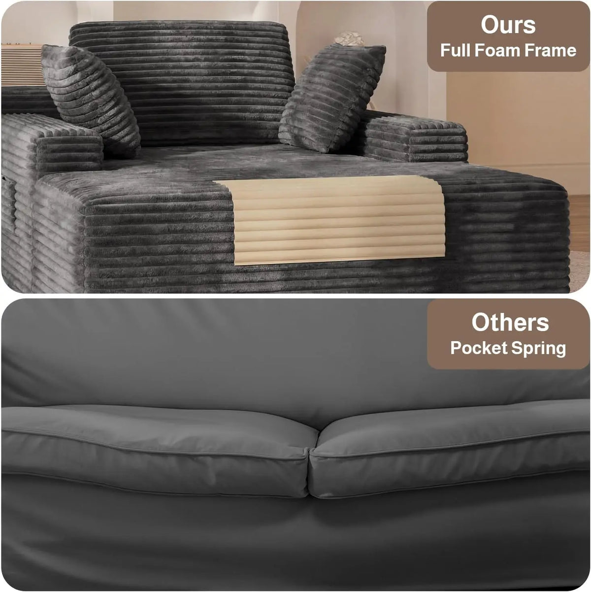 67-Inch Gray Corduroy Chaise Lounge with 3 Pillows