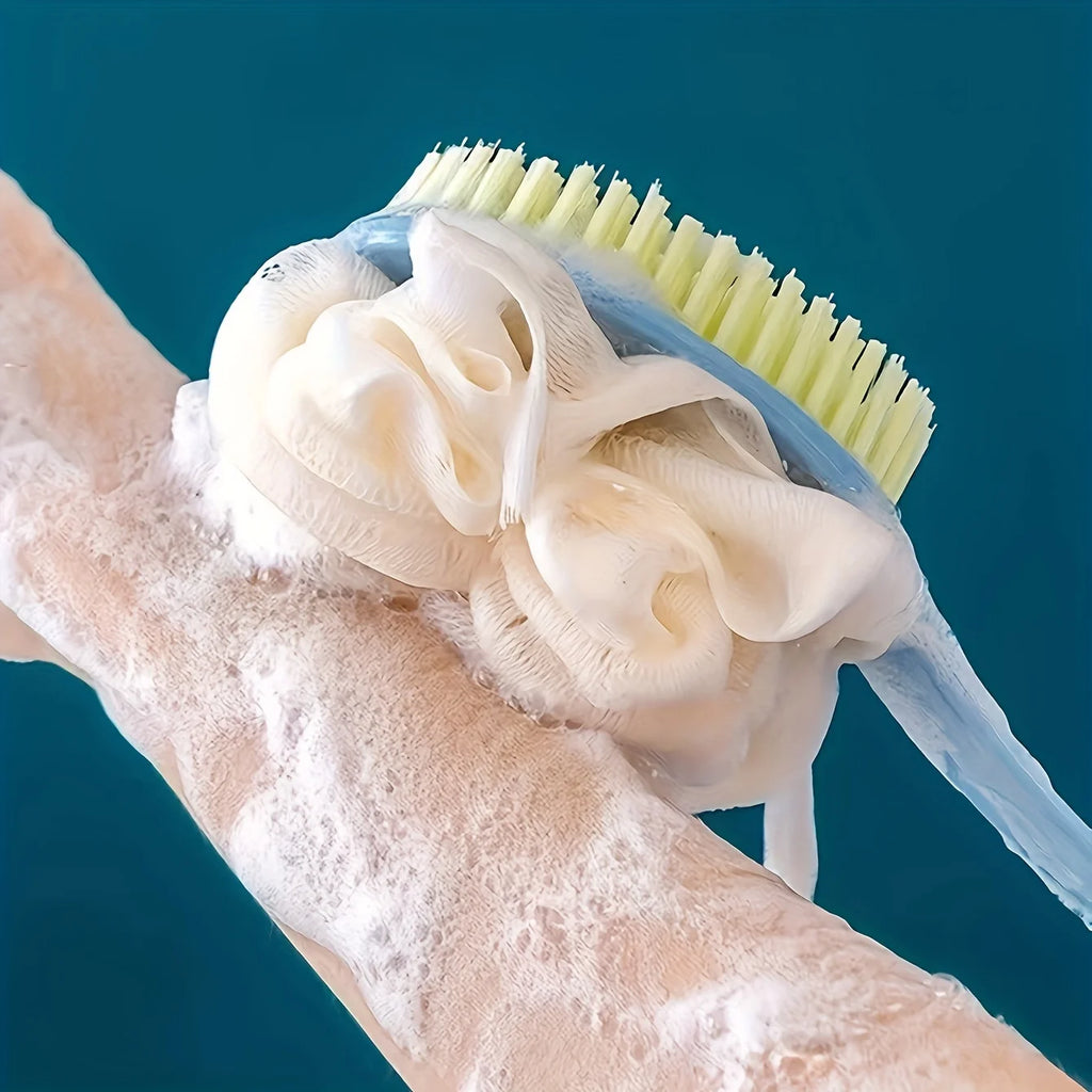 Soft Loofah & Bristles Bath Body Brush — Long Handle Shower Brush for Body, Face & Spa Washing
