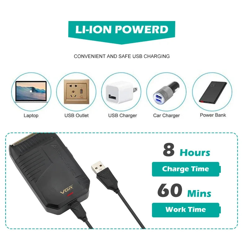 VGR V-375 Professional Foil Electric Shaver – Rechargeable, Pop-Up Trimmer, USB-C Fast Charge