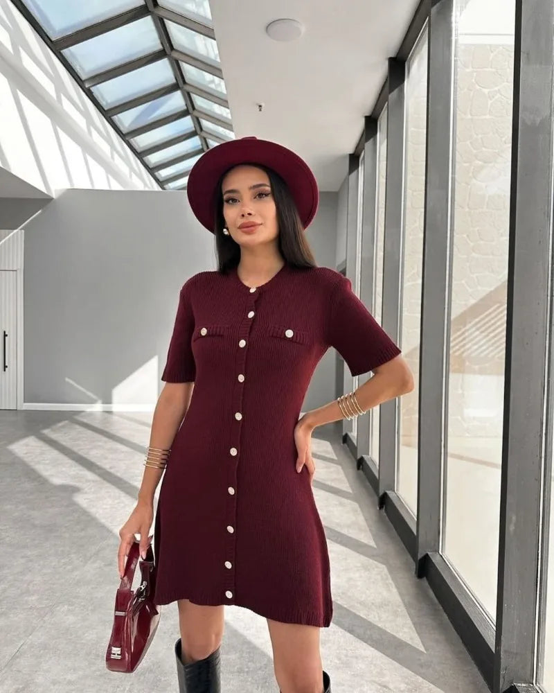 Elegant Knit Rib Mini Dress — High Waist Short Sleeve Bodycon Sweater Dress