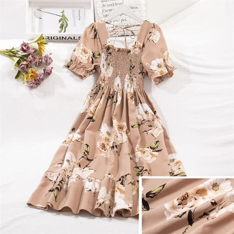 Chiffon A-Line Midi Dress — Elastic Waist Short Sleeve Casual Dress