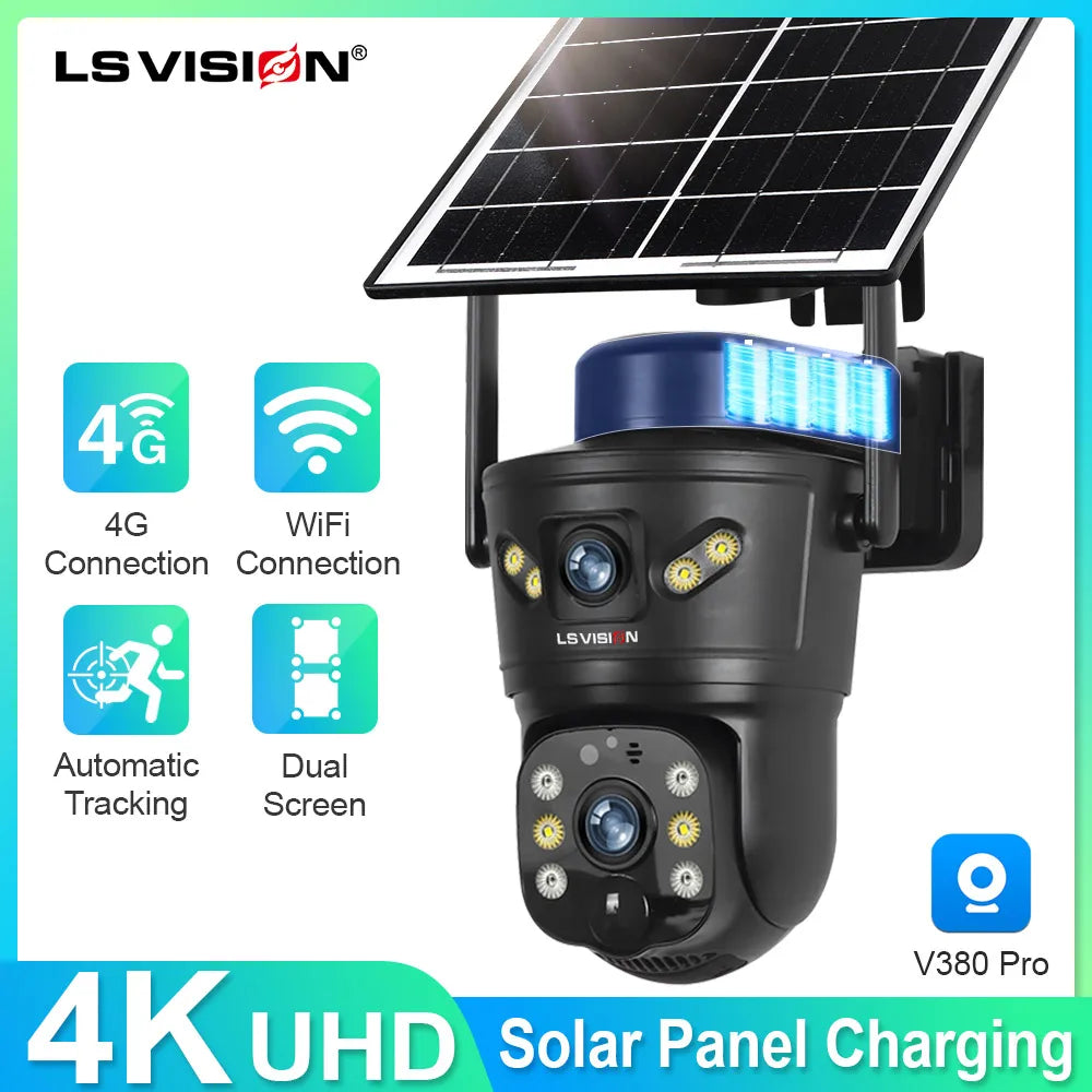 8MP Dual Lens Solar Security Camera – 4G/WiFi, PTZ 355°, PIR Human Detection, Night Vision | Outdoor CCTV