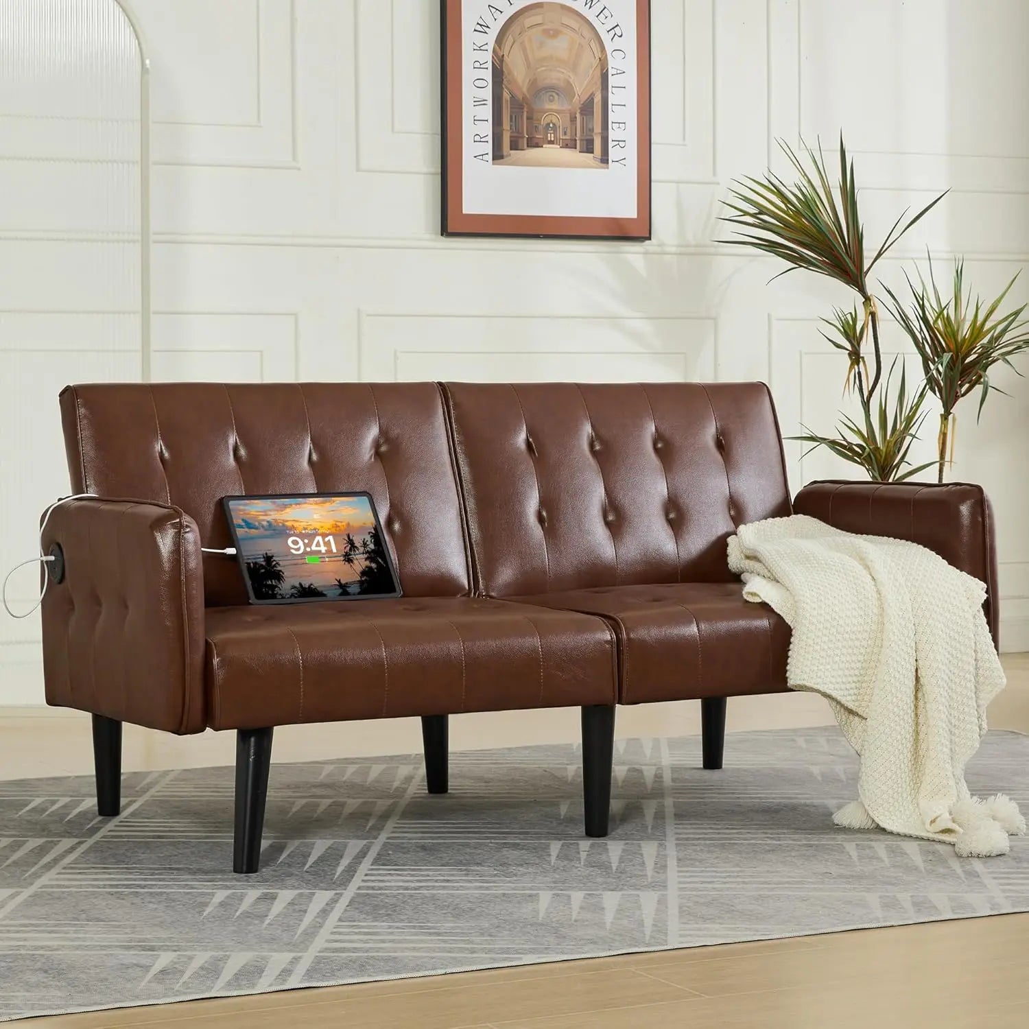 Sofa, Bed & Charging Station in One — TYBOATLE 65" Futon Sofa Bed | 2 USB Ports, Tufted Linen, Adjustable Loveseat for Small Spaces