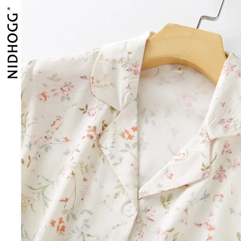 Women's Satin Willow Print Pajama Set | Short Sleeve Shorts Summer Nightwear Loungewear