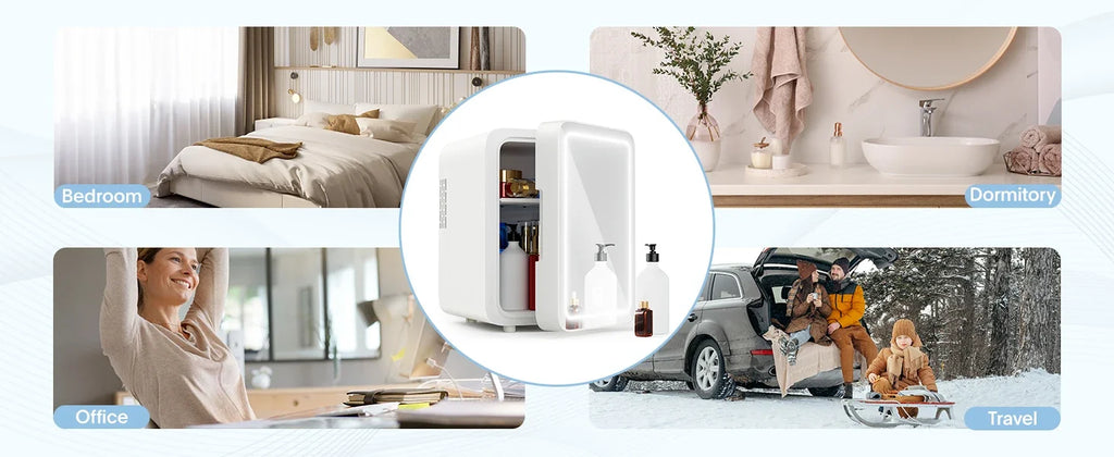 Skincare Fridge with Dimmable LED Light Mirror — 4L Makeup Mini Fridge for Bedroom & Car