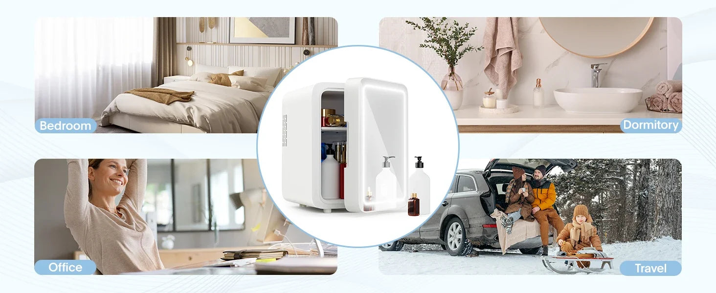 Skincare Fridge with Dimmable LED Light Mirror — 4L Makeup Mini Fridge for Bedroom & Car