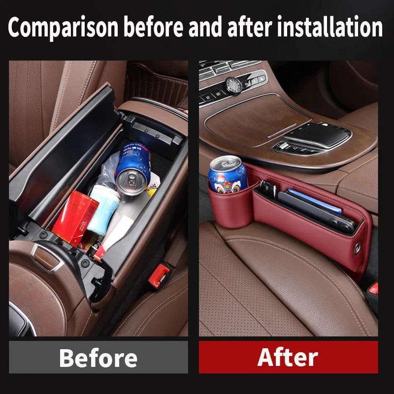 Comparison of a car's center console before and after installation of a red organizer.