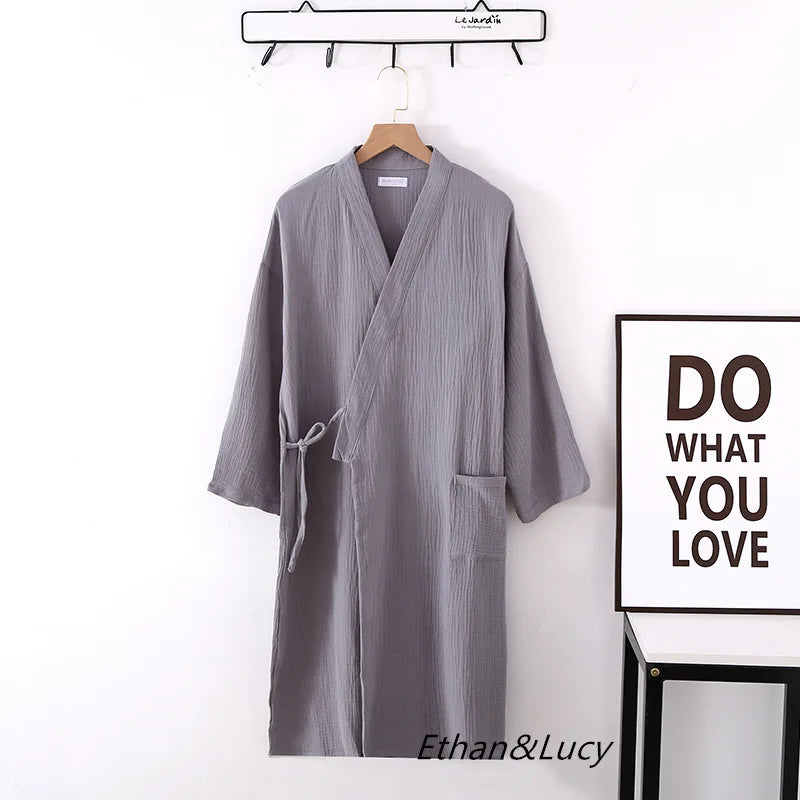 Couples 100% Cotton Crepe Gauze Robe | Long-Sleeve V-Neck Kimono Wedding Bathrobe