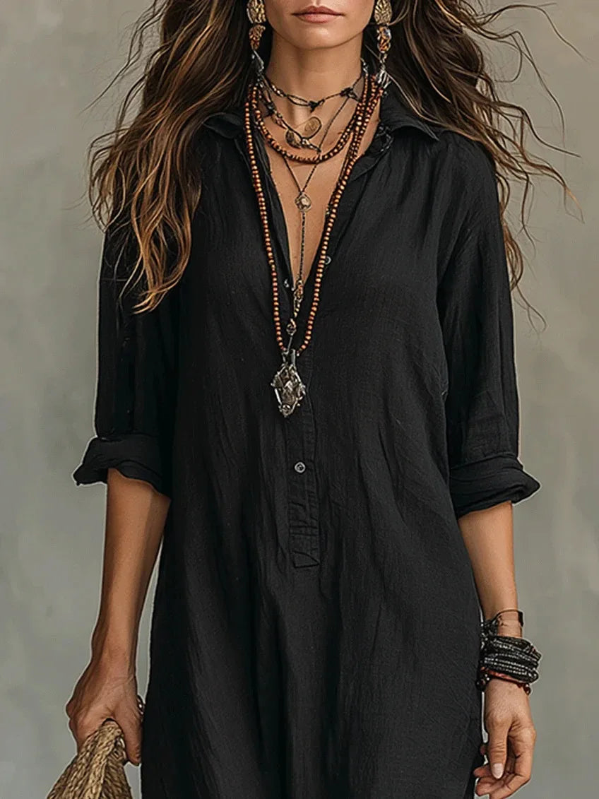 Women's Casual Long Sleeve Loose Maxi Dress – Solid Color Turn-Down Collar Beach & Elegant Dress