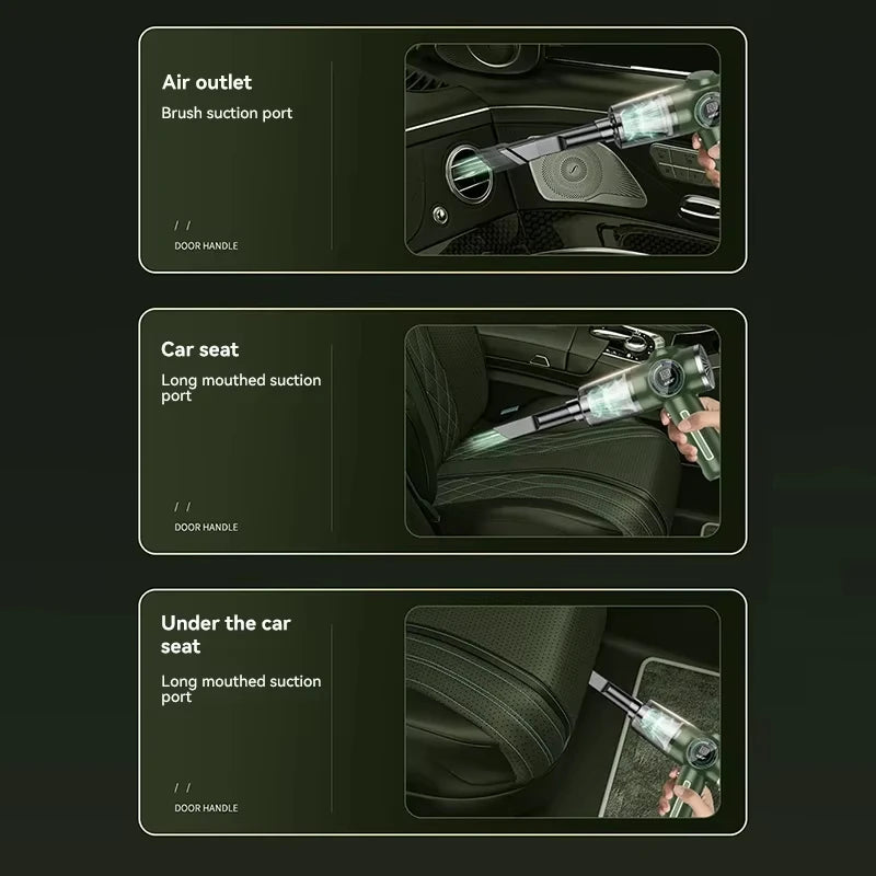 Handheld cordless car vacuum cleaning air vents, vehicle seats and hard-to-reach areas under car seats