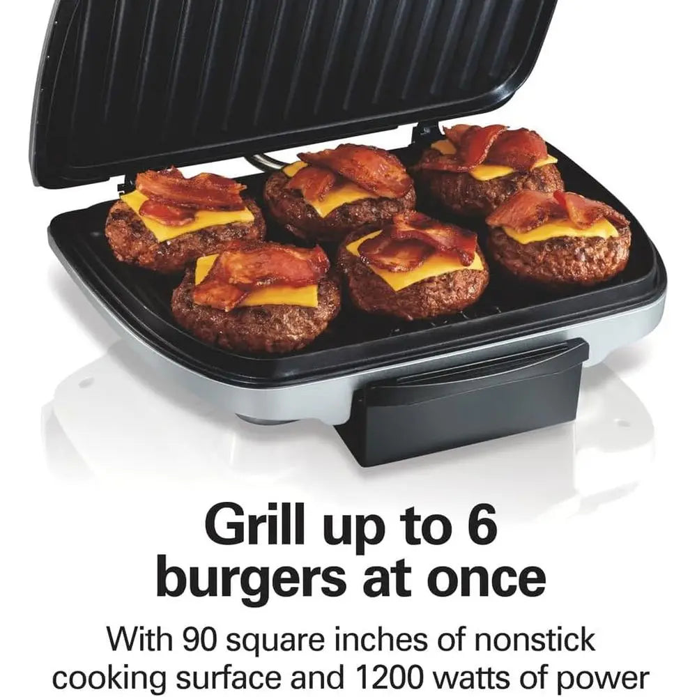 6-Serving Electric Indoor Grill | 90 Sq. In. Nonstick Plates, Floating Hinge, 1200W, Removable Drip Tray, Silver, Keto & Low-Carb Friendly