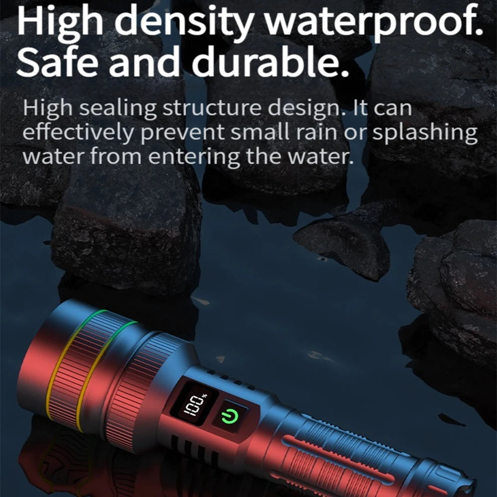 2500 Lumen Long Range LED Flashlight – IPX7 Waterproof, Type-C, 5 Modes, Power Bank Function