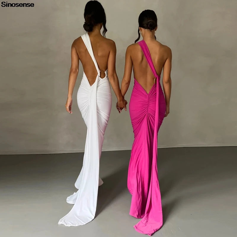 Backless Ruched Slim Bodycon Maxi Dress — Elegant Formal Wedding Guest Evening Dress