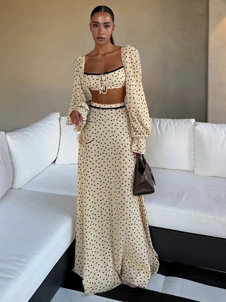Polka Dot Puff Sleeve Crop Top & Maxi Skirt Set — Square Neck Tie-Front Vacation Outfit