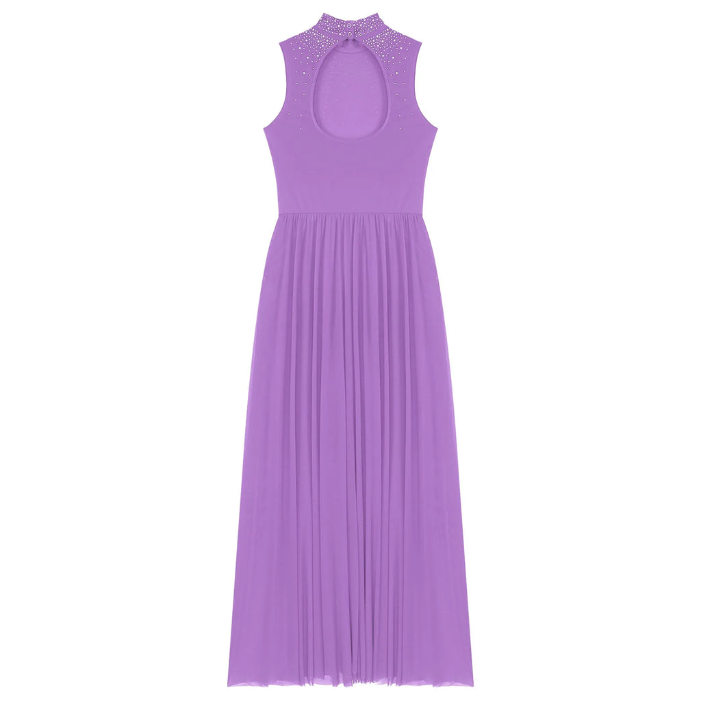 Rhinestone Maxi Sleeveless Contemporary Dance Dress — Mock Neck Wide Hemline Lyrical Leotard