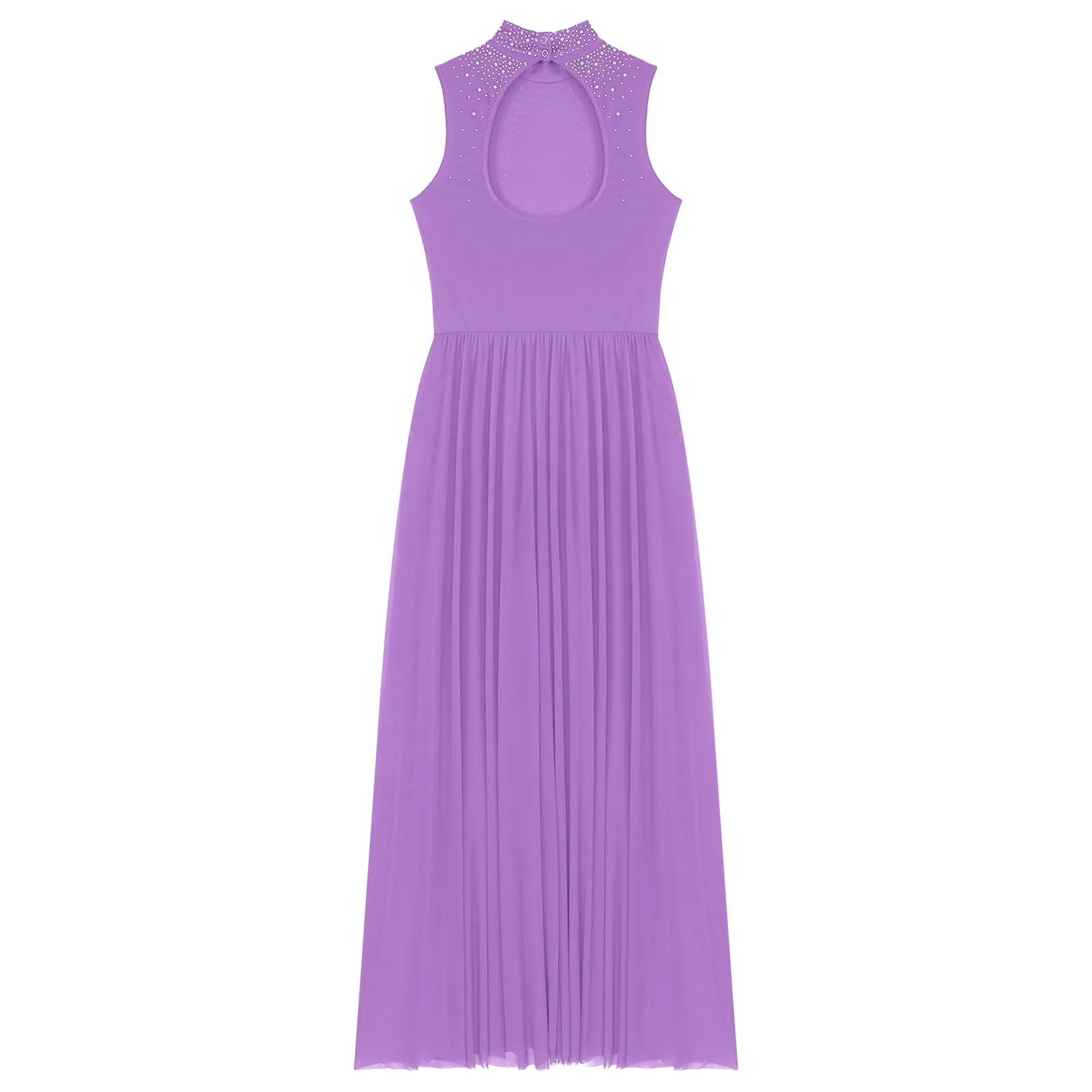 Rhinestone Maxi Sleeveless Contemporary Dance Dress — Mock Neck Wide Hemline Lyrical Leotard