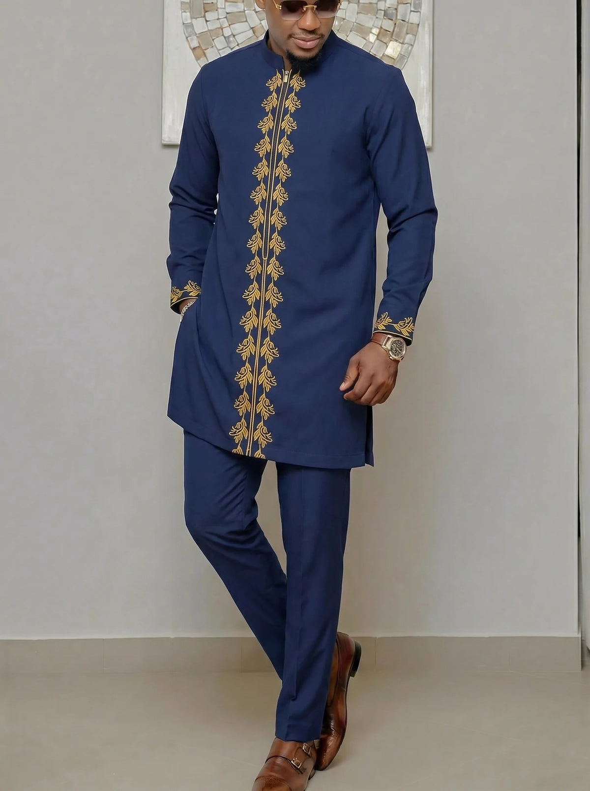 Men's African Kaunda Kaftan Long Sleeve Top & Pants 2-Piece Suit – Traditional Ethnic Wear