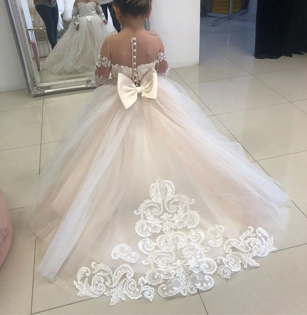 Long Sleeve Flower Girl Dress — White Lace Tulle First Communion & Bridesmaid Dress
