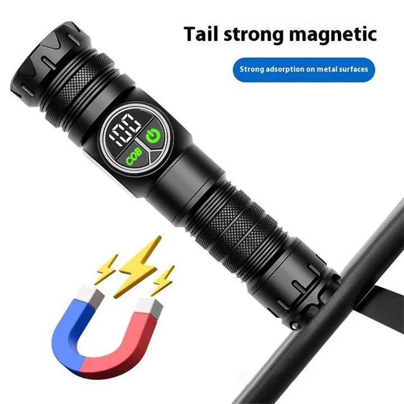 Magnetic Tactical LED Flashlight with COB Side Light – USB Rechargeable, 5 Modes, Zoomable