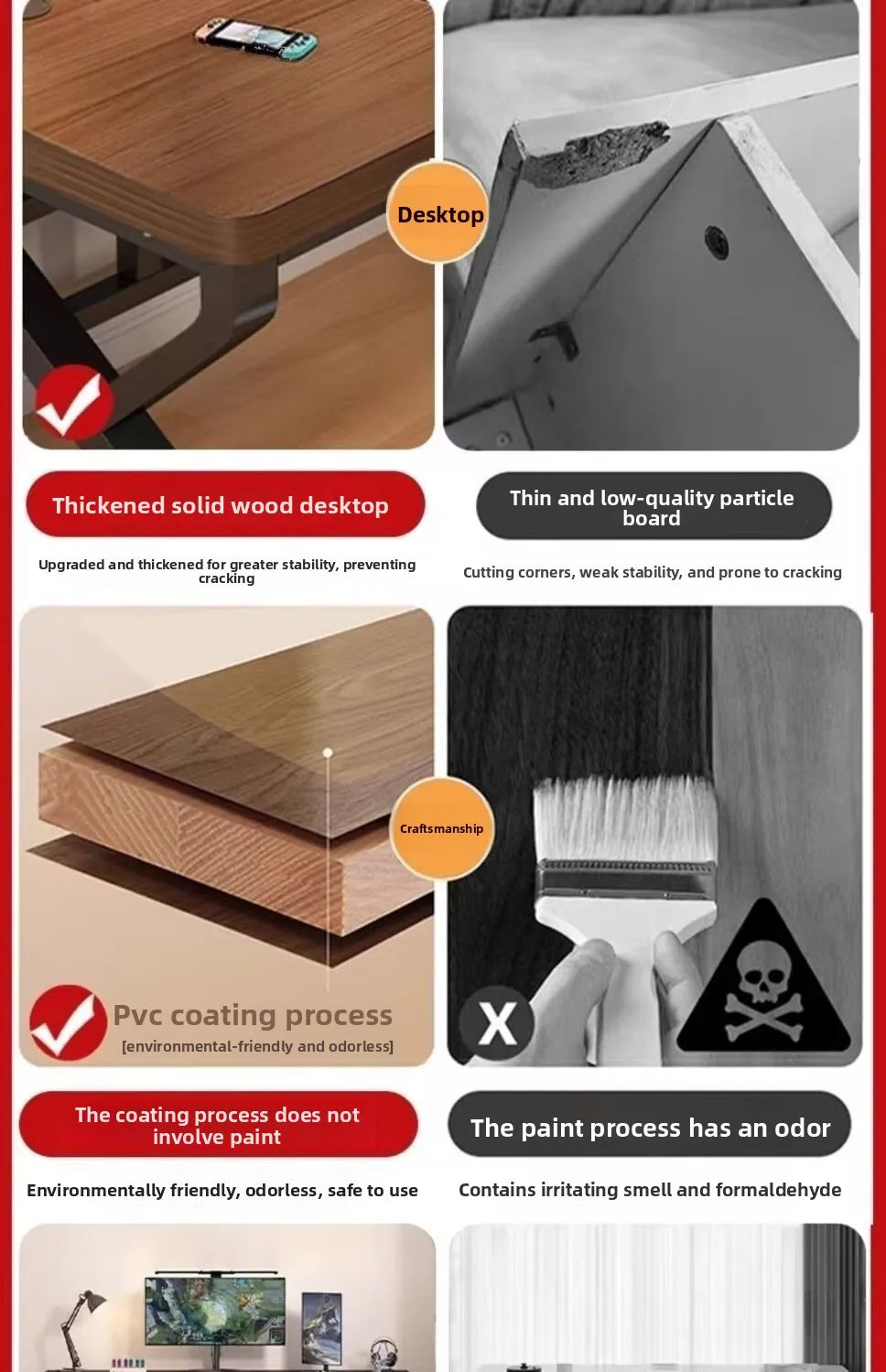 Solid Wood Core Gaming & Home Office Desk — E0 Eco-Friendly, Dual Cable Management, Multiple Sizes & Styles