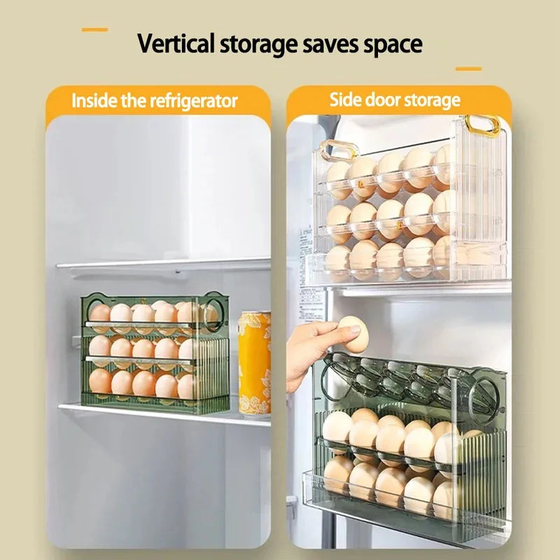 3-Layer Flip Egg Storage Box for Refrigerator – Holds 30 Eggs, Space-Saving Fridge Door Organizer