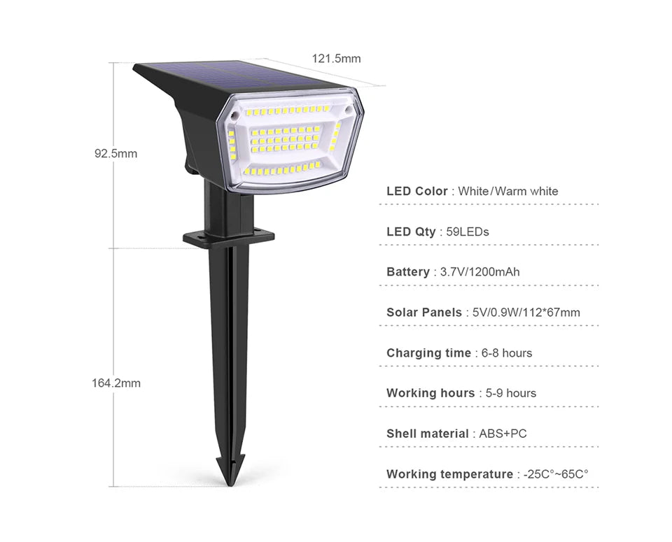 59-LED Solar Spotlight – IP65 Waterproof, 3 Brightness Modes, 2-in-1 Ground & Wall Mount for Garden