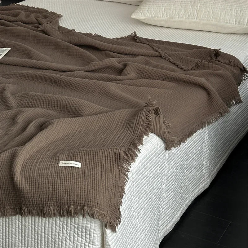 100% Cotton Tassel Blanket – Skin-Friendly Plaid Sofa Throw & Bed Shawl, Solid Color