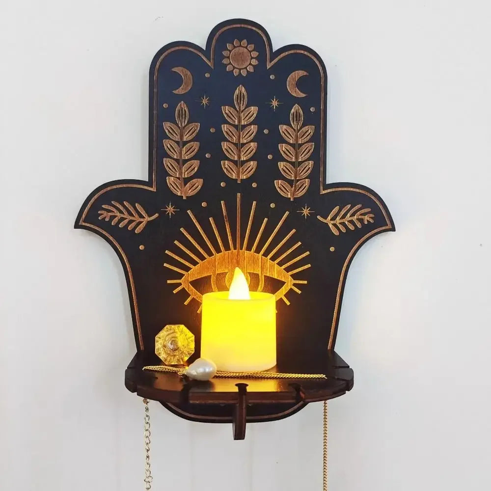 Wooden Carved Wall Shelf & Candle Holder — Hanging Display Stand for Home Decor