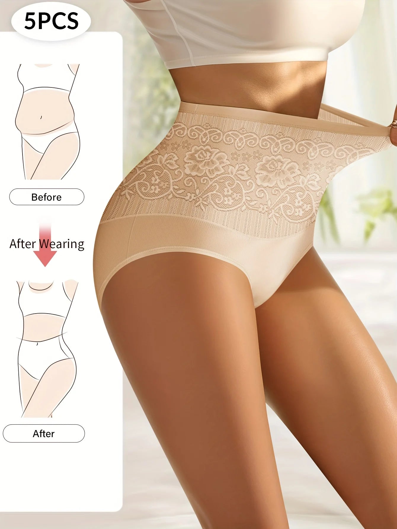 Women's High Waist Tummy Tuck Panties | 5-Pack Jacquard Hip-Hugging Cotton Briefs