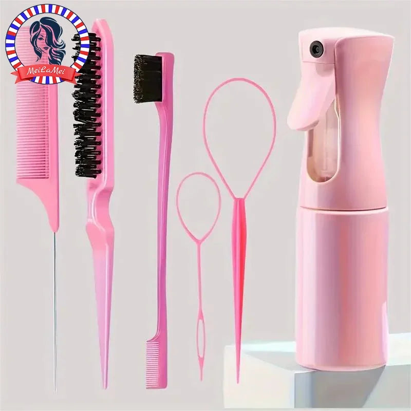 6-Piece Hair Brush Set – Spray Bottle, Braiding Loop, Rat Tail Comb & Edge Control Brush