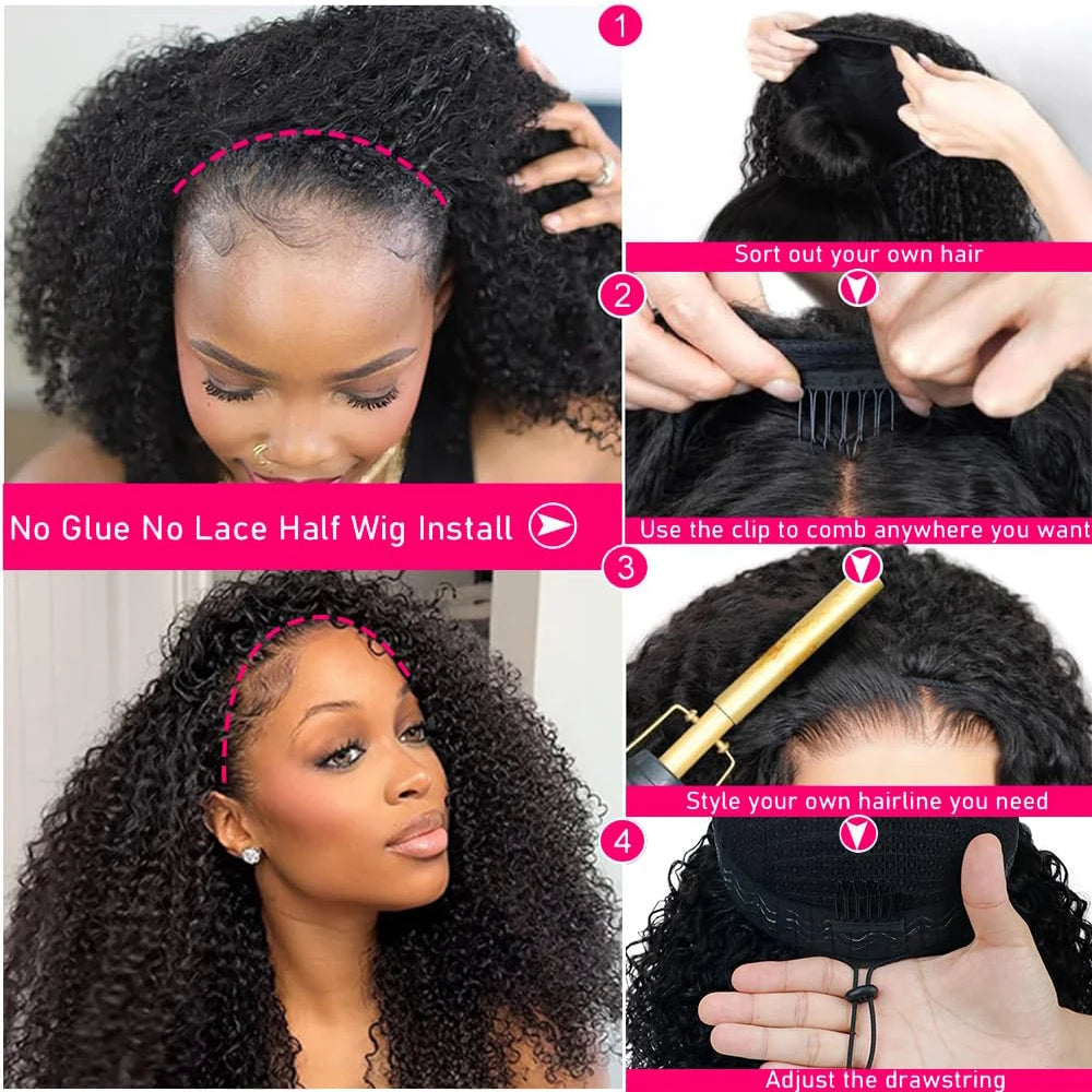 Deep Curly Half Wig Human Hair Glueless Wig Human Hair Ready to Wear 3 IN 1 Half Wig Drawstring Jerry Curly Glueless Half Wig