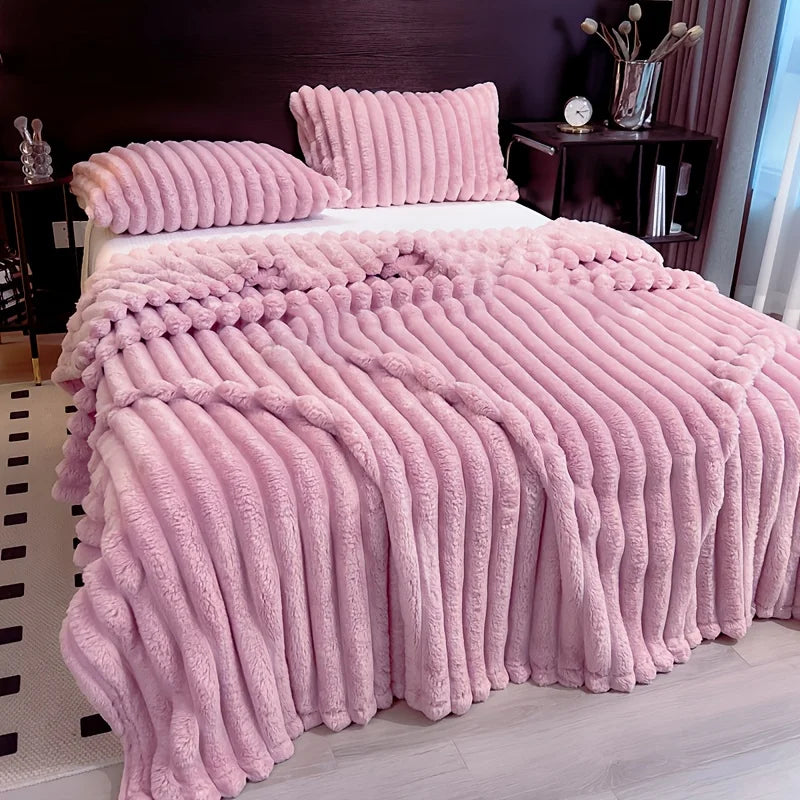 Thickened Wide Stripe Plush Flannel Multifunctional Blanket – Bed Sheet, Sofa & Nap Cover, 7 Colors & 5 Sizes